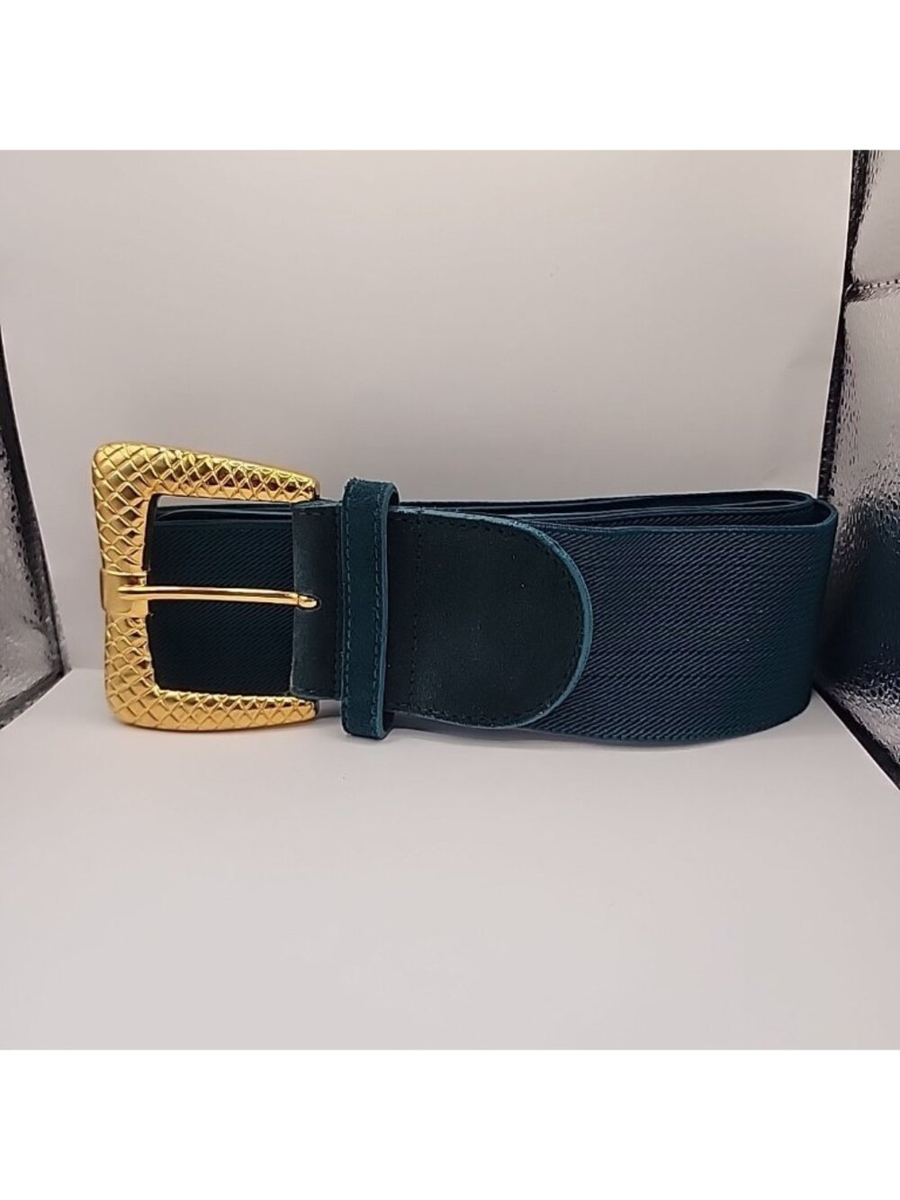Vintage Veneza Elastic Waist Belt Plus Size 22 24 Teal Blue Wide Gold Buckle